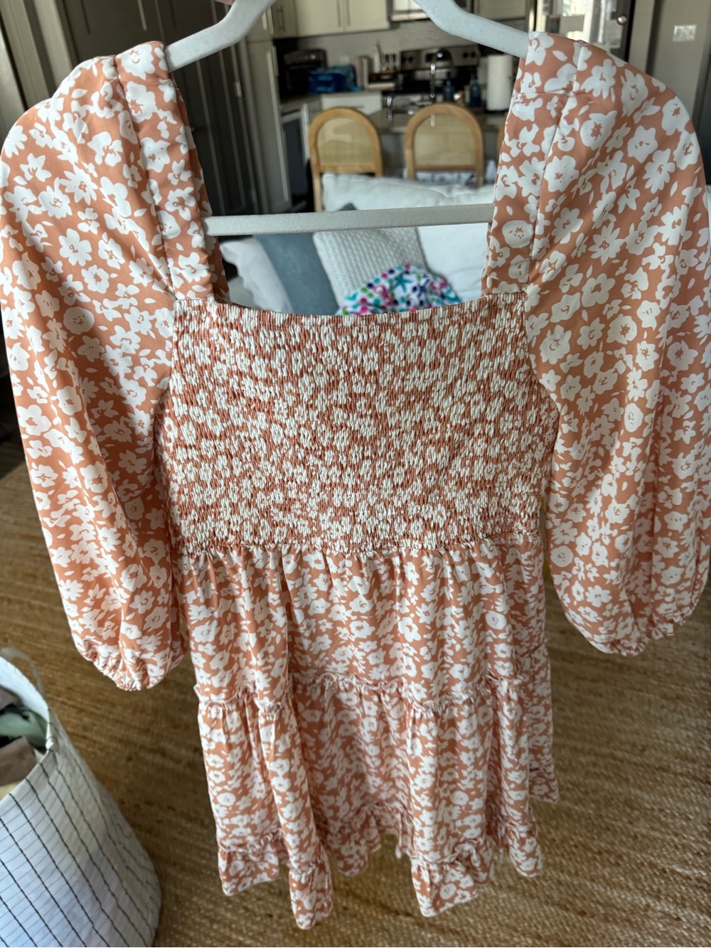 Pink Lily Peach Floral Smocked Puff-Sleeve Midi Dress